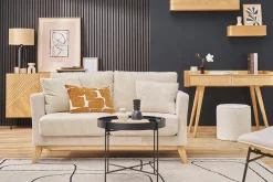 Canapé scandinave déhoussable 2 places en tissu velours côtelé beige et bois clair OSLO