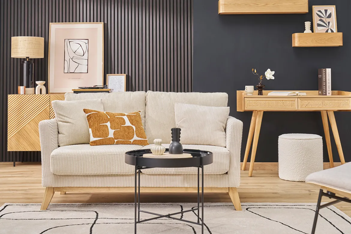 Canapé scandinave déhoussable 2 places en tissu velours côtelé beige et bois clair OSLO