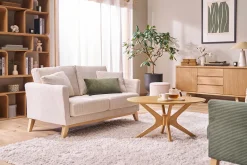 Canapé scandinave déhoussable 2 places en tissu velours côtelé beige et bois clair OSLO