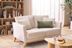 Canapé scandinave déhoussable 2 places en tissu velours côtelé beige et bois clair OSLO