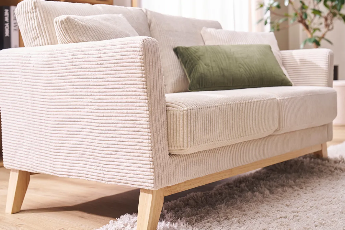 Canapé scandinave déhoussable 2 places en tissu velours côtelé beige et bois clair OSLO