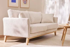 Canapé scandinave déhoussable 3 places en tissu velours côtelé beige et bois clair OSLO