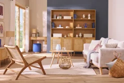 Canapé scandinave déhoussable 3 places en tissu velours côtelé beige et bois clair OSLO
