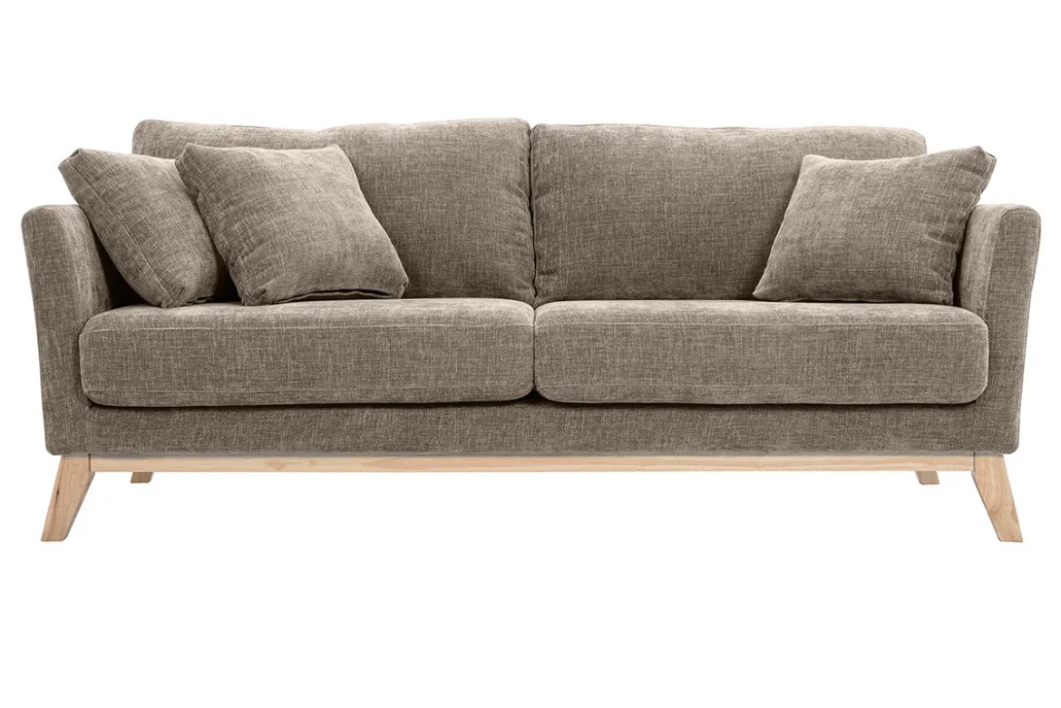 Canapé scandinave déhoussable 3 places en tissu effet velours texturé taupe et bois clair OSLO