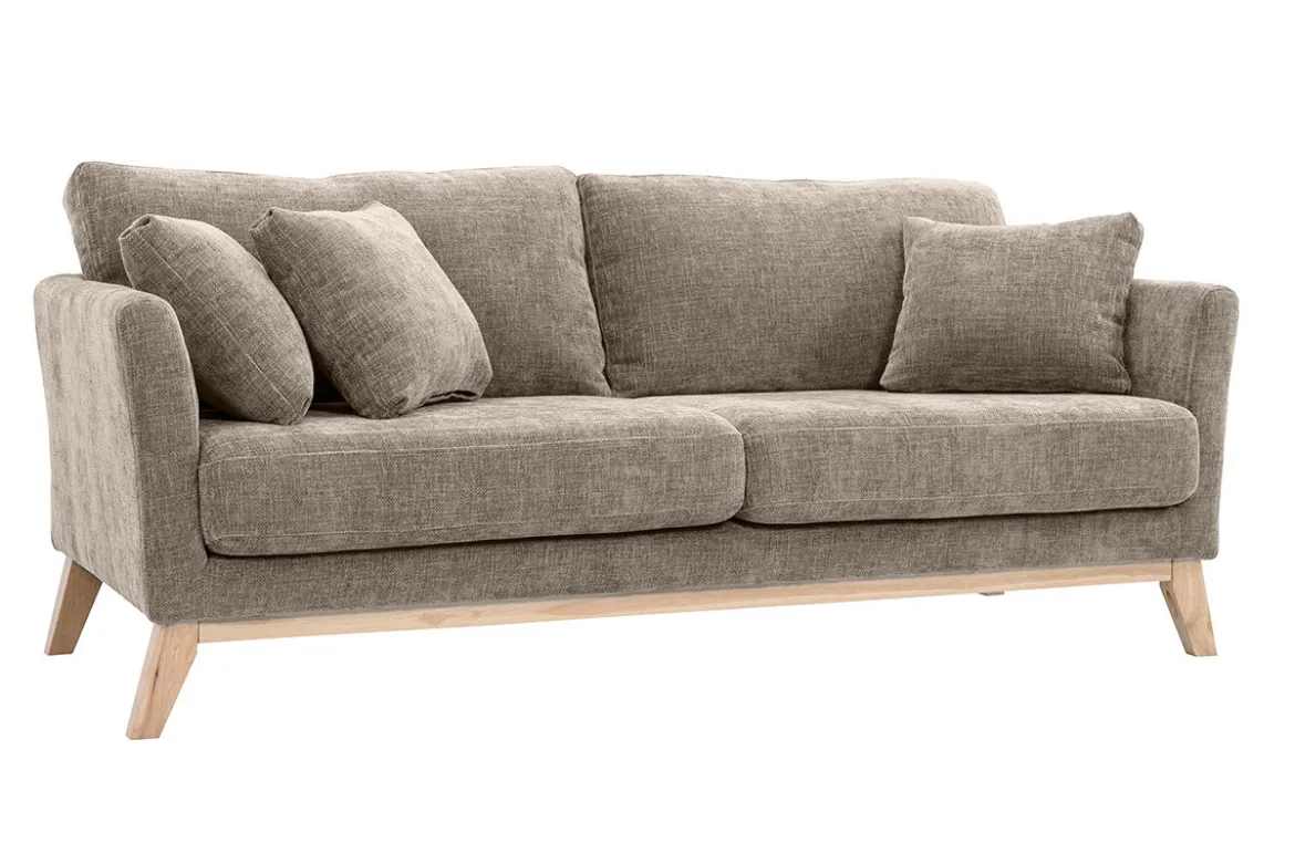Canapé scandinave déhoussable 3 places en tissu effet velours texturé taupe et bois clair OSLO