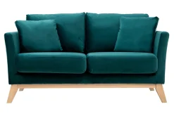 Canapé scandinave déhoussable 2 places en tissu velours bleu pétrole et bois clair OSLO