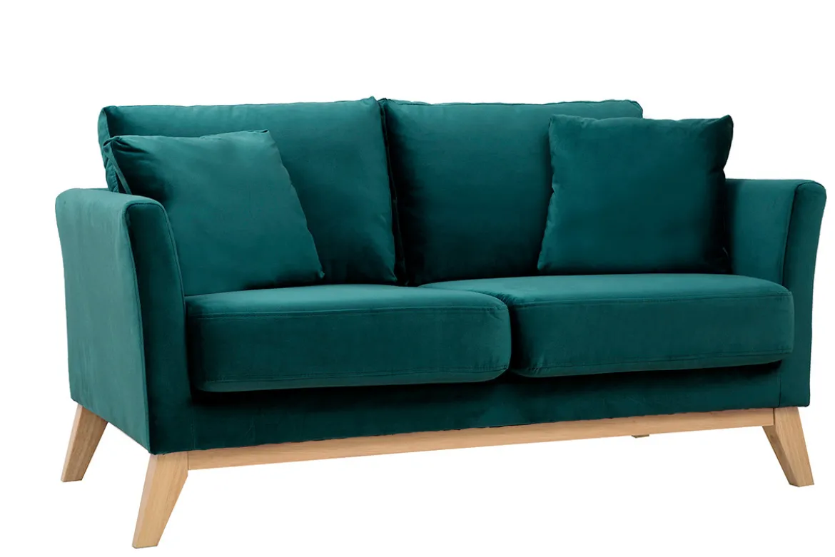 Canapé scandinave déhoussable 2 places en tissu velours bleu pétrole et bois clair OSLO