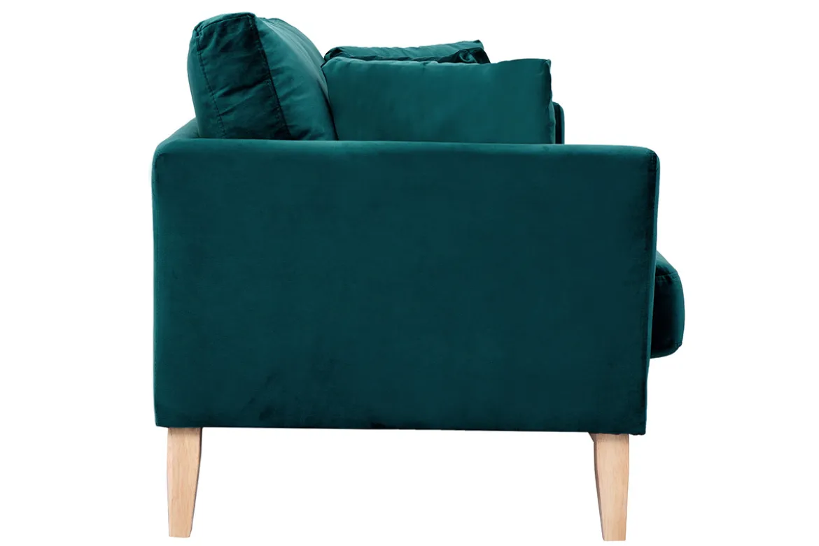 Canapé scandinave déhoussable 2 places en tissu velours bleu pétrole et bois clair OSLO