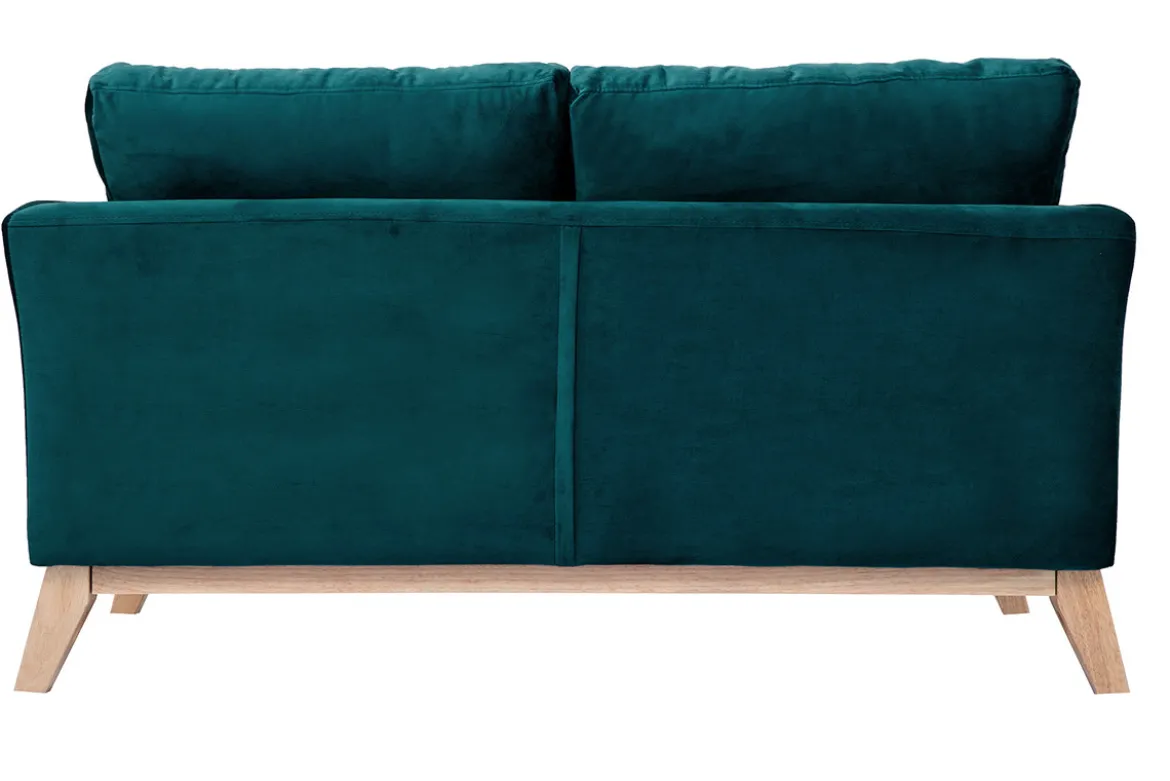 Canapé scandinave déhoussable 2 places en tissu velours bleu pétrole et bois clair OSLO
