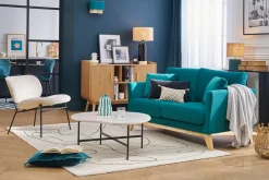 Canapé scandinave déhoussable 2 places en tissu velours bleu pétrole et bois clair OSLO