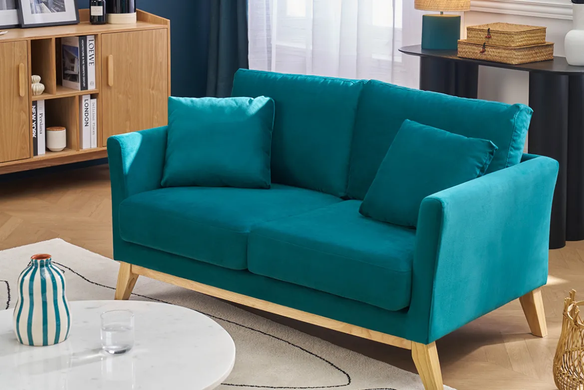 Canapé scandinave déhoussable 2 places en tissu velours bleu pétrole et bois clair OSLO
