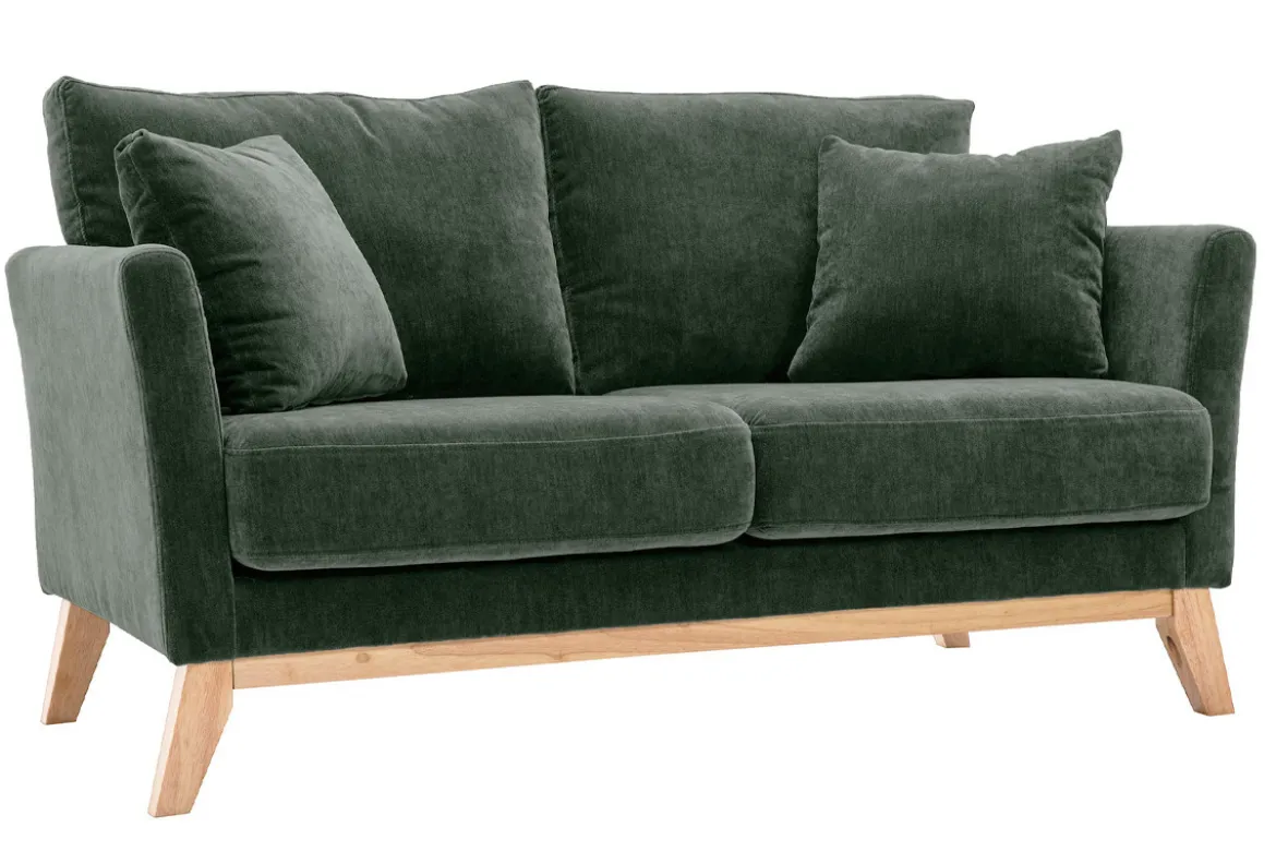 Canapé scandinave déhoussable 2 places en tissu effet velours vert kaki et bois clair OSLO