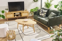 Canapé scandinave déhoussable 2 places en tissu effet velours vert kaki et bois clair OSLO