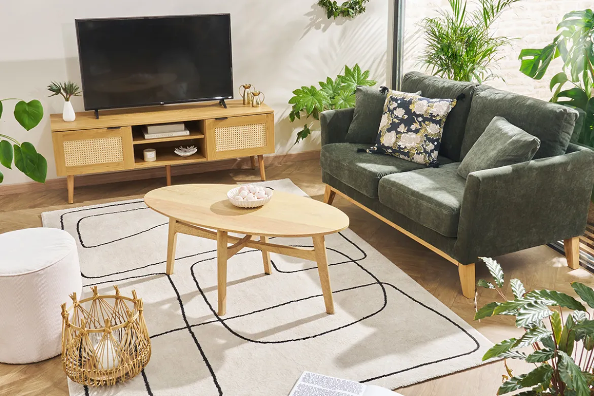 Canapé scandinave déhoussable 2 places en tissu effet velours vert kaki et bois clair OSLO