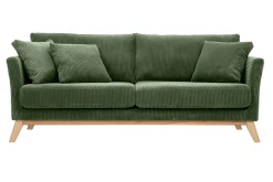 Canapé scandinave déhoussable 3 places en tissu velours côtelé vert kaki et bois clair OSLO