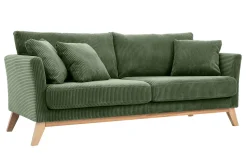 Canapé scandinave déhoussable 3 places en tissu velours côtelé vert kaki et bois clair OSLO