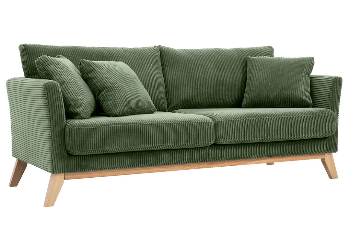 Canapé scandinave déhoussable 3 places en tissu velours côtelé vert kaki et bois clair OSLO