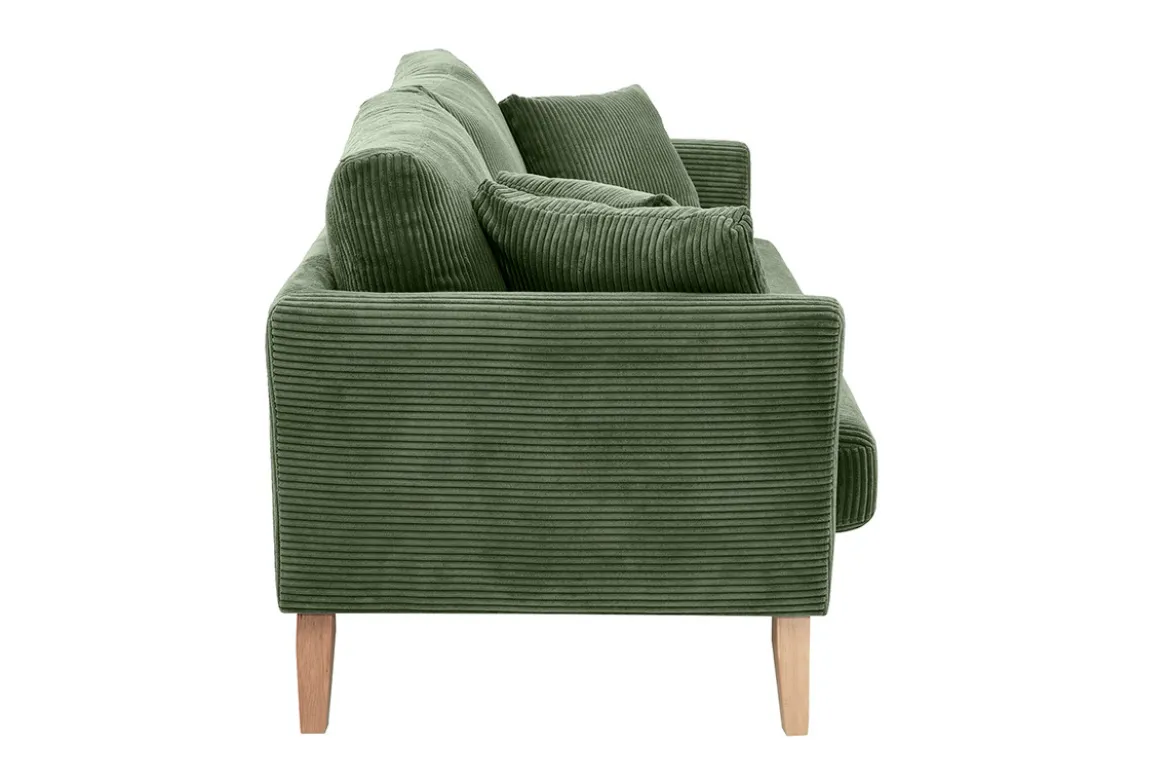 Canapé scandinave déhoussable 3 places en tissu velours côtelé vert kaki et bois clair OSLO