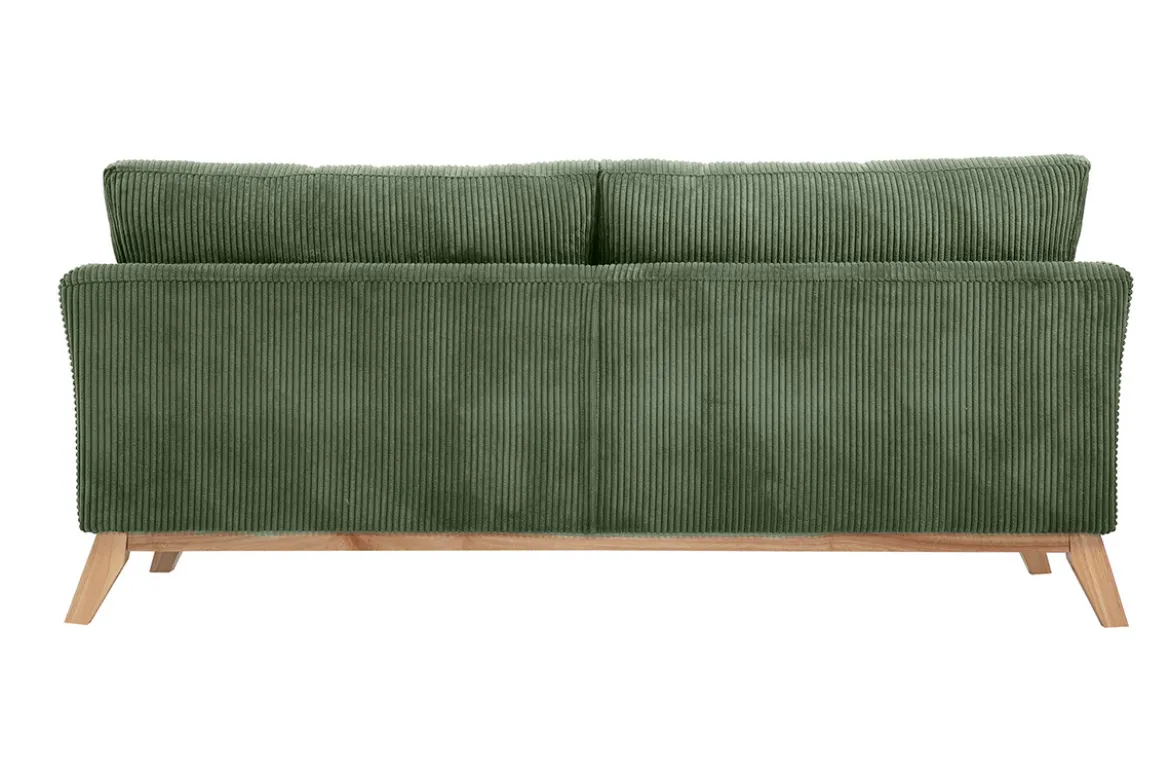 Canapé scandinave déhoussable 3 places en tissu velours côtelé vert kaki et bois clair OSLO