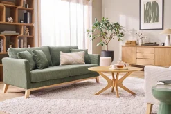 Canapé scandinave déhoussable 3 places en tissu velours côtelé vert kaki et bois clair OSLO