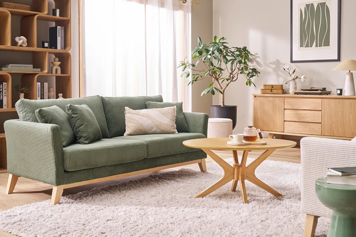 Canapé scandinave déhoussable 3 places en tissu velours côtelé vert kaki et bois clair OSLO