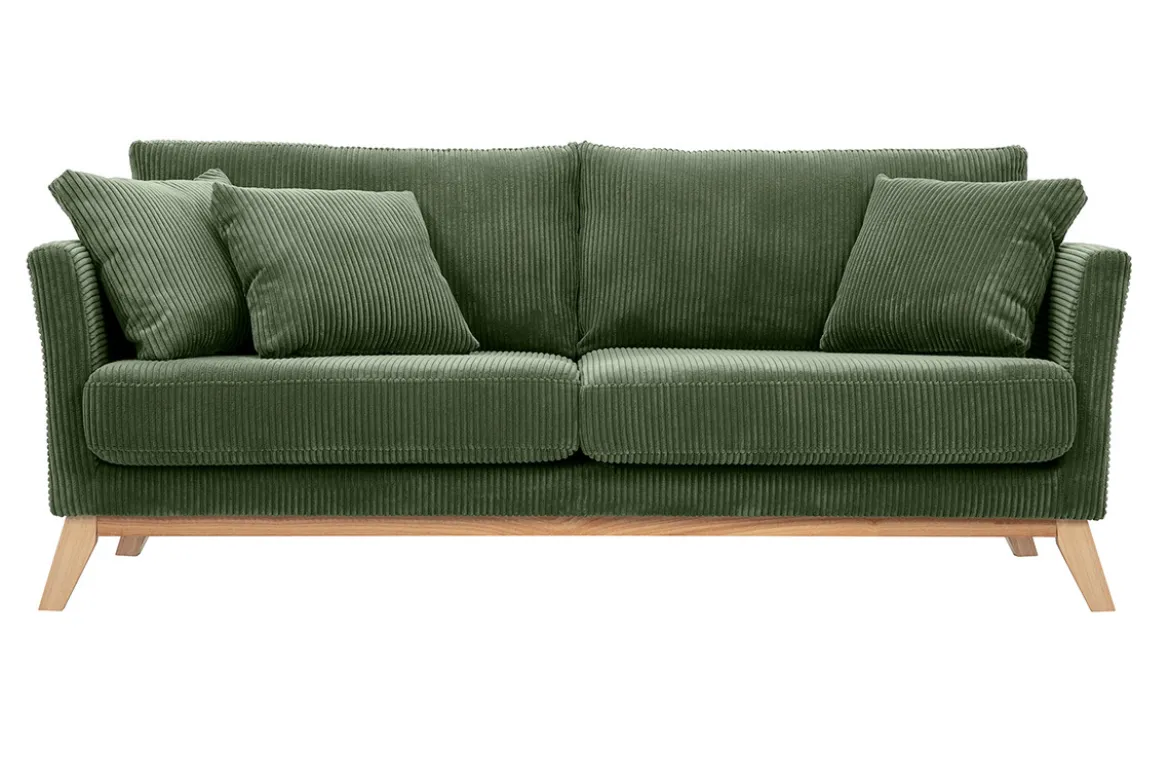 Canapé scandinave déhoussable 3 places en tissu velours côtelé vert kaki et bois clair OSLO