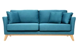 Canapé scandinave déhoussable 3 places en tissu bleu canard et bois clair OSLO