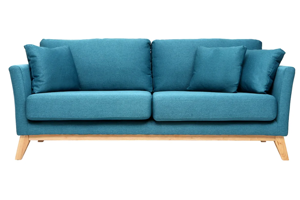 Canapé scandinave déhoussable 3 places en tissu bleu canard et bois clair OSLO