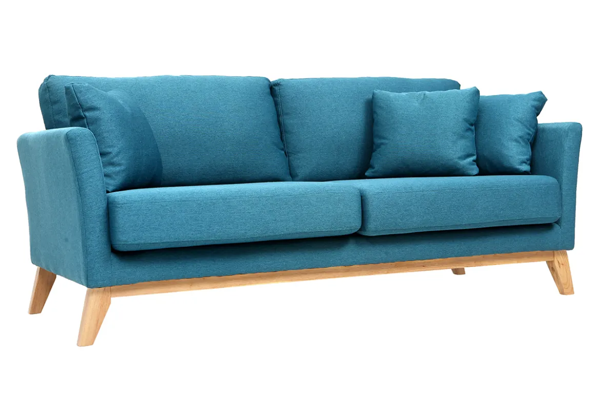 Canapé scandinave déhoussable 3 places en tissu bleu canard et bois clair OSLO