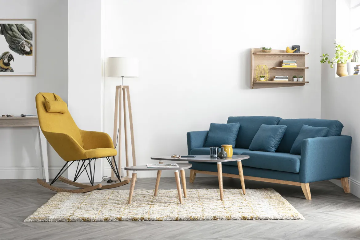 Canapé scandinave déhoussable 3 places en tissu bleu canard et bois clair OSLO