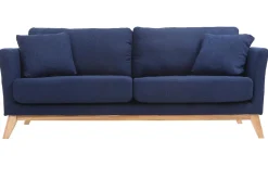 Canapé scandinave déhoussable 3 places en tissu bleu foncé et bois clair OSLO