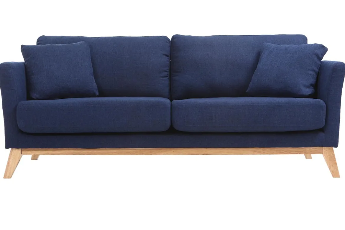 Canapé scandinave déhoussable 3 places en tissu bleu foncé et bois clair OSLO
