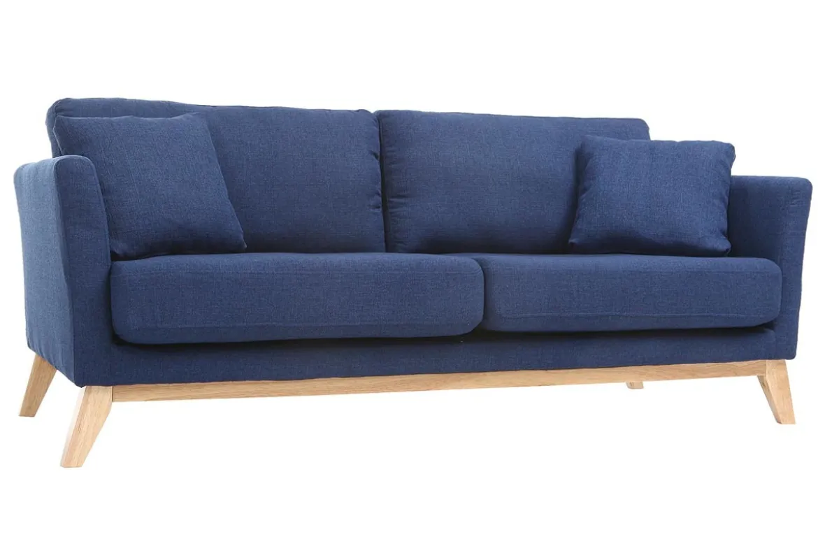 Canapé scandinave déhoussable 3 places en tissu bleu foncé et bois clair OSLO