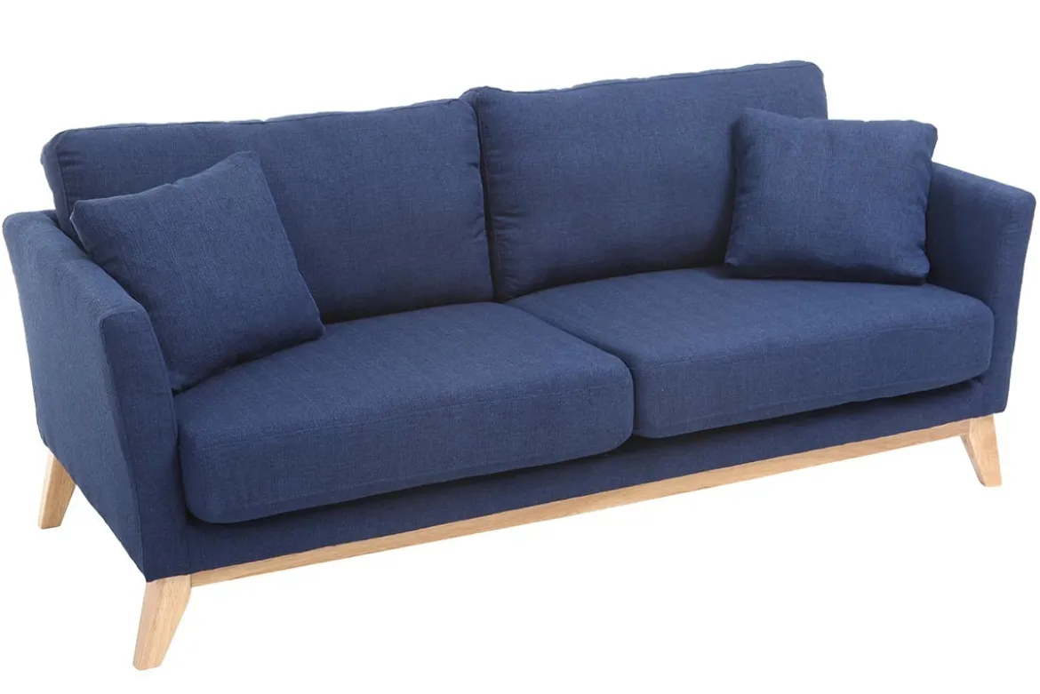 Canapé scandinave déhoussable 3 places en tissu bleu foncé et bois clair OSLO