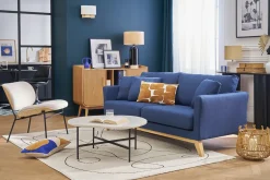Canapé scandinave déhoussable 3 places en tissu bleu foncé et bois clair OSLO