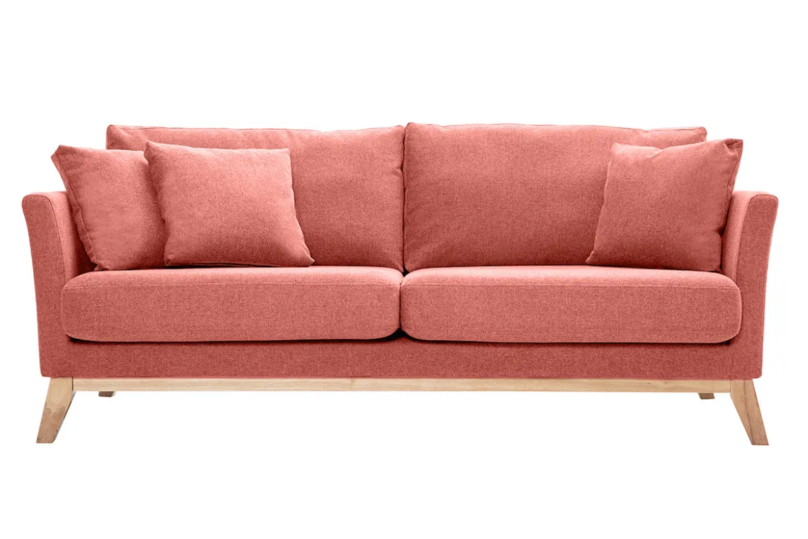 Canapé scandinave déhoussable 3 places en tissu effet velours texturé terracotta et bois clair OSLO