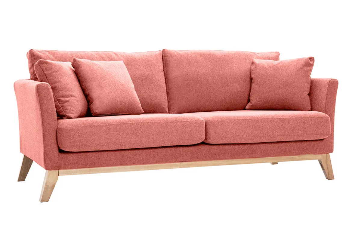 Canapé scandinave déhoussable 3 places en tissu effet velours texturé terracotta et bois clair OSLO