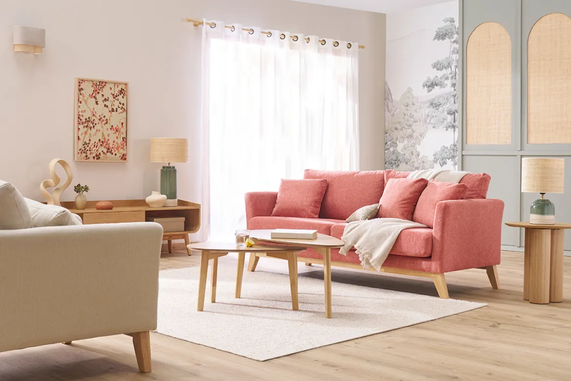 Canapé scandinave déhoussable 3 places en tissu effet velours texturé terracotta et bois clair OSLO