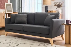 Canapé scandinave déhoussable 3 places en tissu gris foncé et bois clair OSLO
