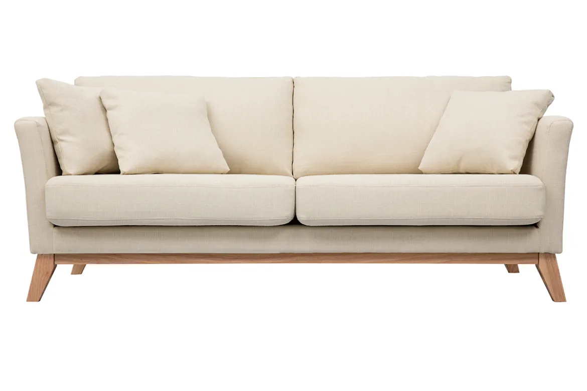 Canapé scandinave déhoussable 3 places en tissu beige et bois clair OSLO