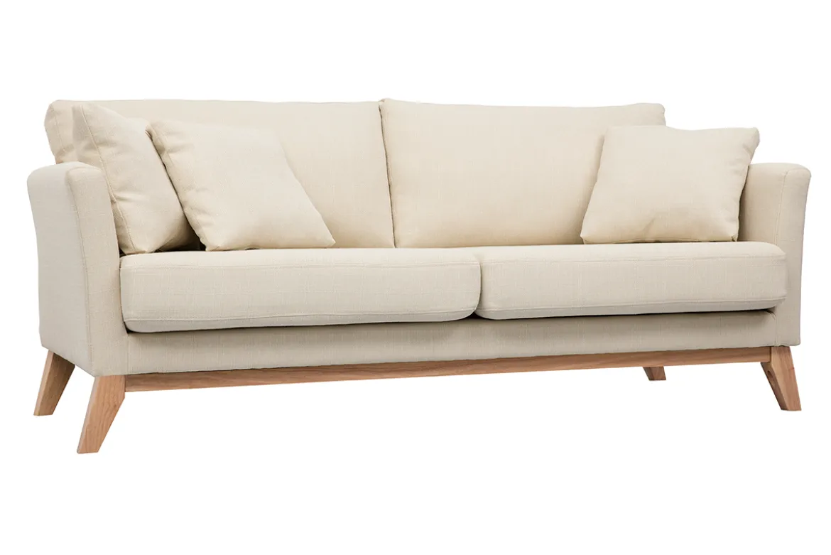 Canapé scandinave déhoussable 3 places en tissu beige et bois clair OSLO