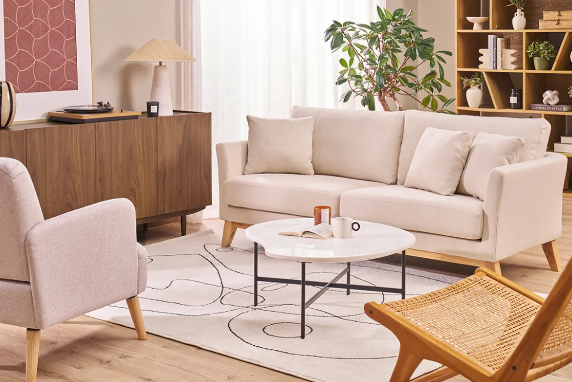 Canapé scandinave déhoussable 3 places en tissu beige et bois clair OSLO