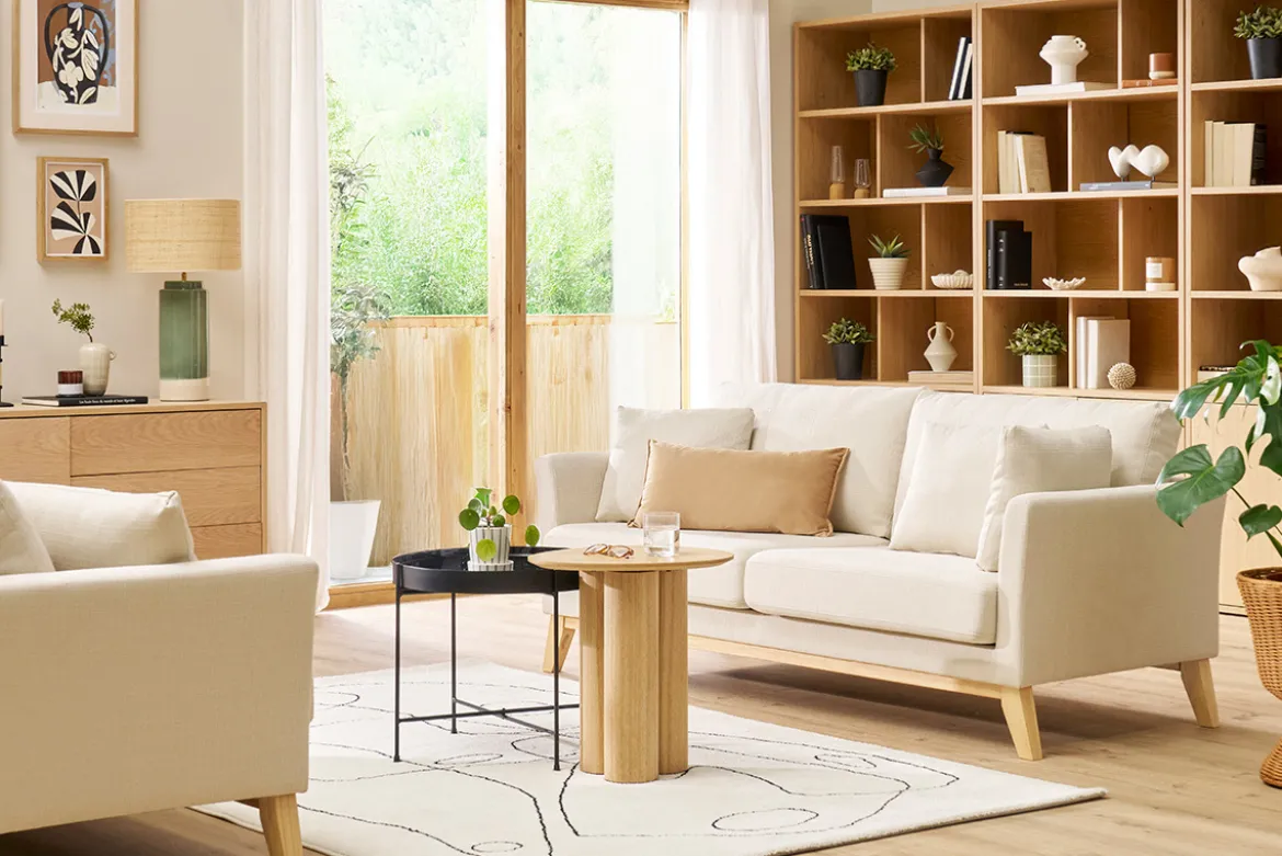 Canapé scandinave déhoussable 3 places en tissu beige et bois clair OSLO