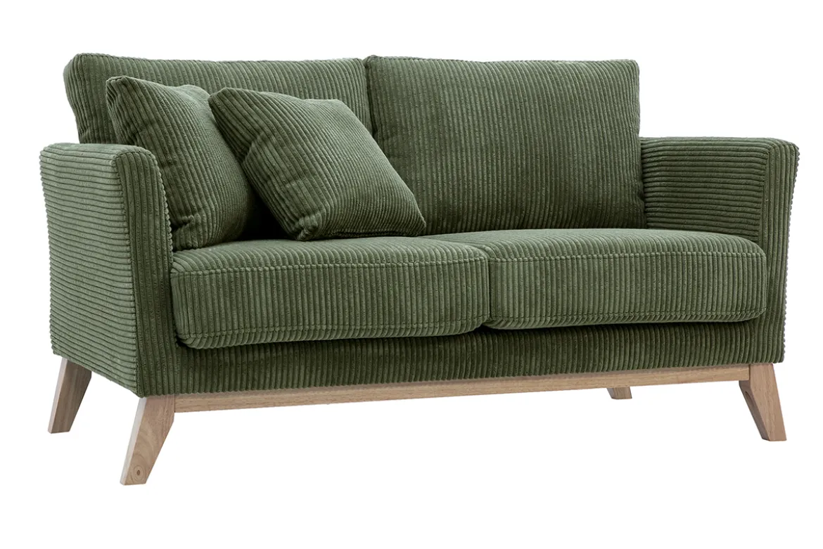 Canapé scandinave déhoussable 2 places en tissu velours côtelé vert kaki et bois clair OSLO