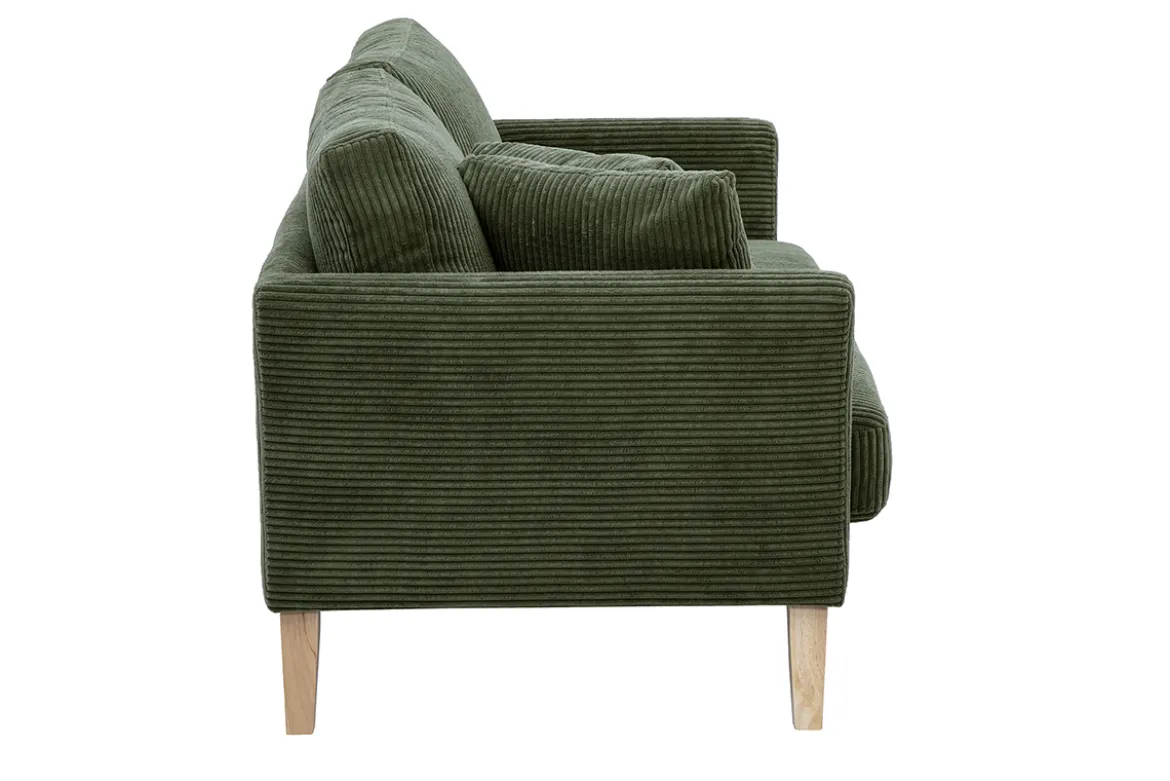 Canapé scandinave déhoussable 2 places en tissu velours côtelé vert kaki et bois clair OSLO
