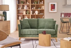 Canapé scandinave déhoussable 2 places en tissu velours côtelé vert kaki et bois clair OSLO