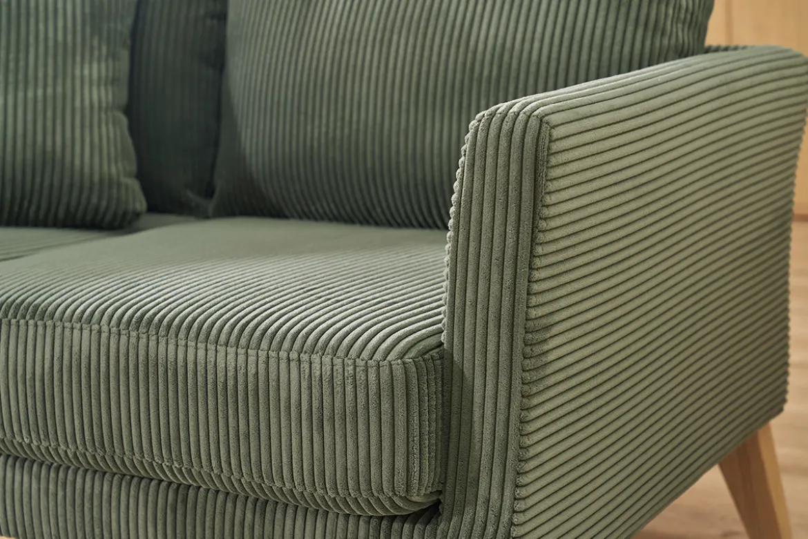 Canapé scandinave déhoussable 2 places en tissu velours côtelé vert kaki et bois clair OSLO