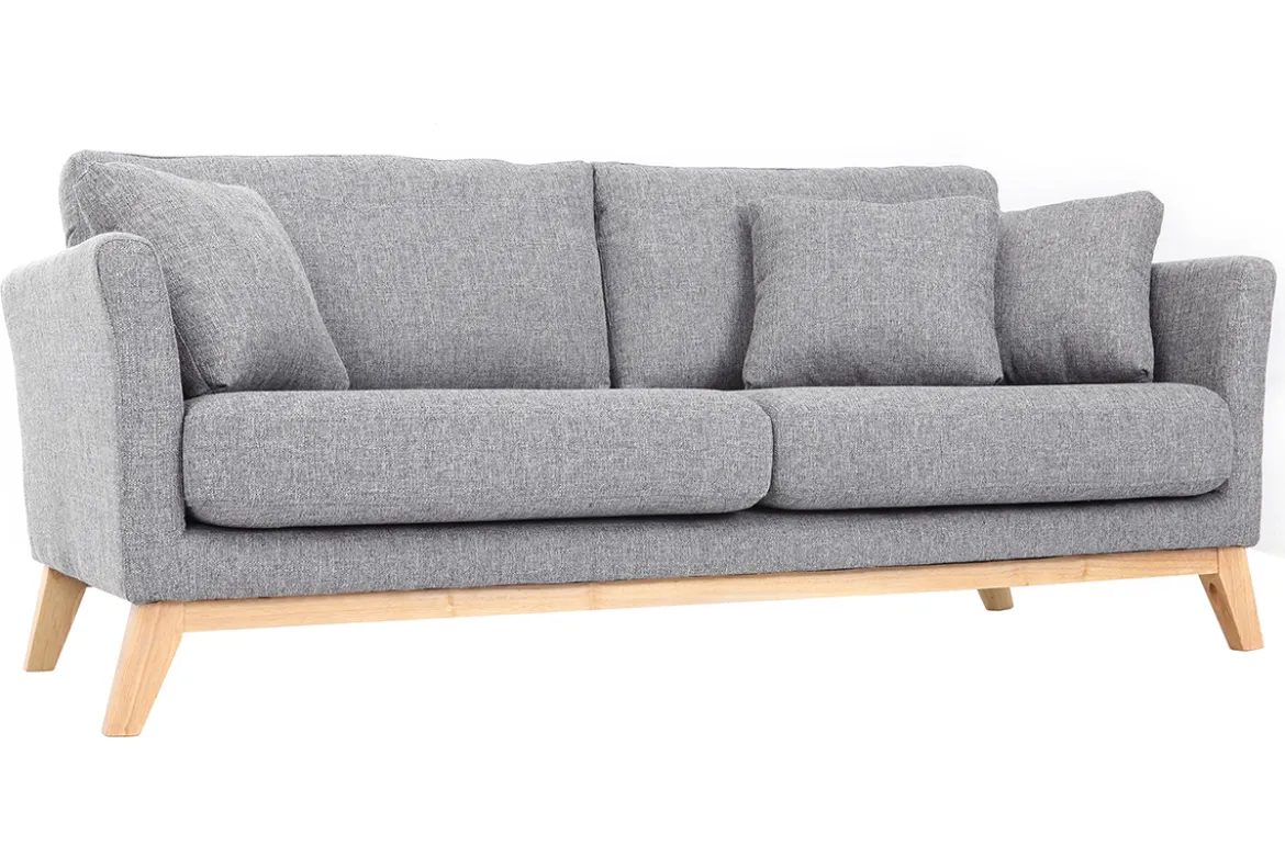 Canapé scandinave déhoussable 3 places en tissu gris clair et bois clair OSLO