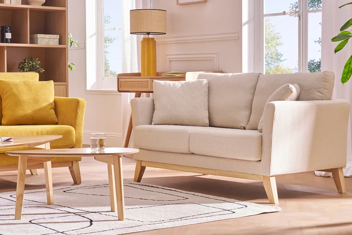 Canapé scandinave déhoussable 2 places en tissu beige et bois clair OSLO