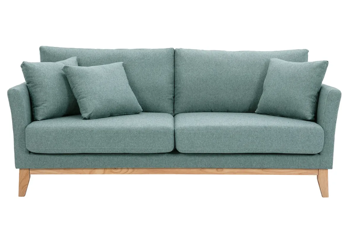 Canapé scandinave déhoussable 3 places en tissu vert de gris et bois clair OSLO